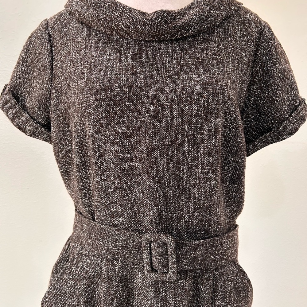 Banana Republic Textured Wool Blend Brown Midi Cowl Neck Dress, Size 14 - Picture 2 of 6